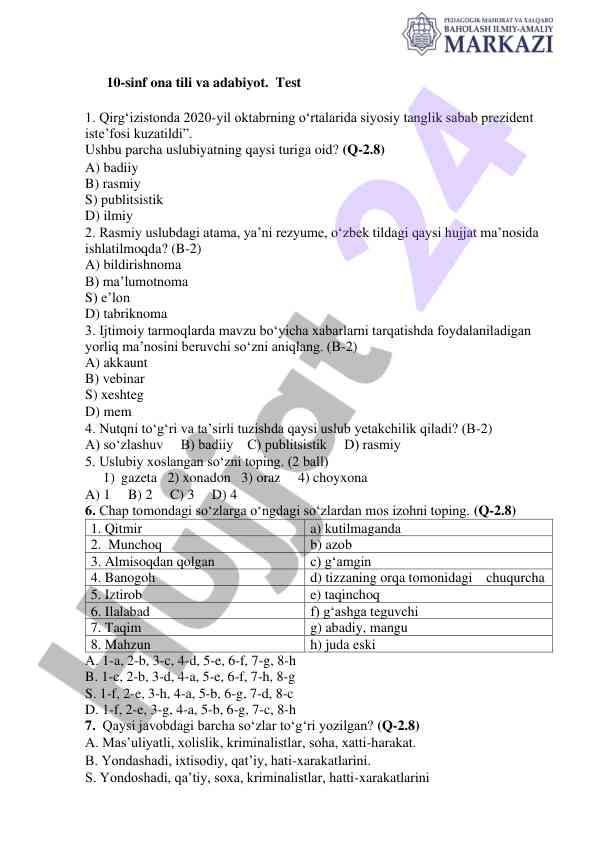 10-sinf ona tili va adabiyot testi