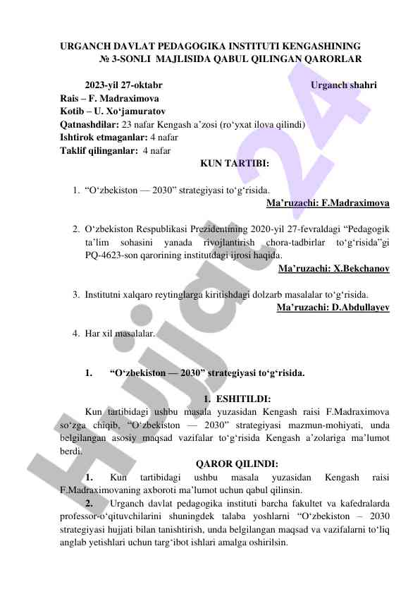 Urganch davlat pedagogika instituti majlisi qarorlari