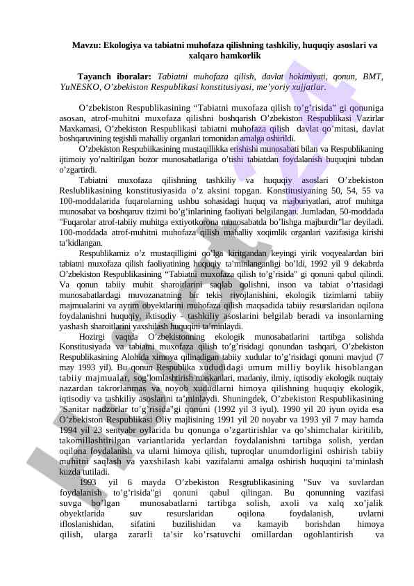 Ekologiya va tabiatni muhofaza qilish asoslari