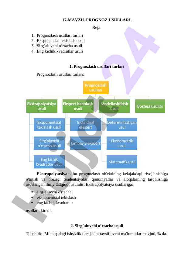 Prognoz usullari turlari va ular bilan ishlash