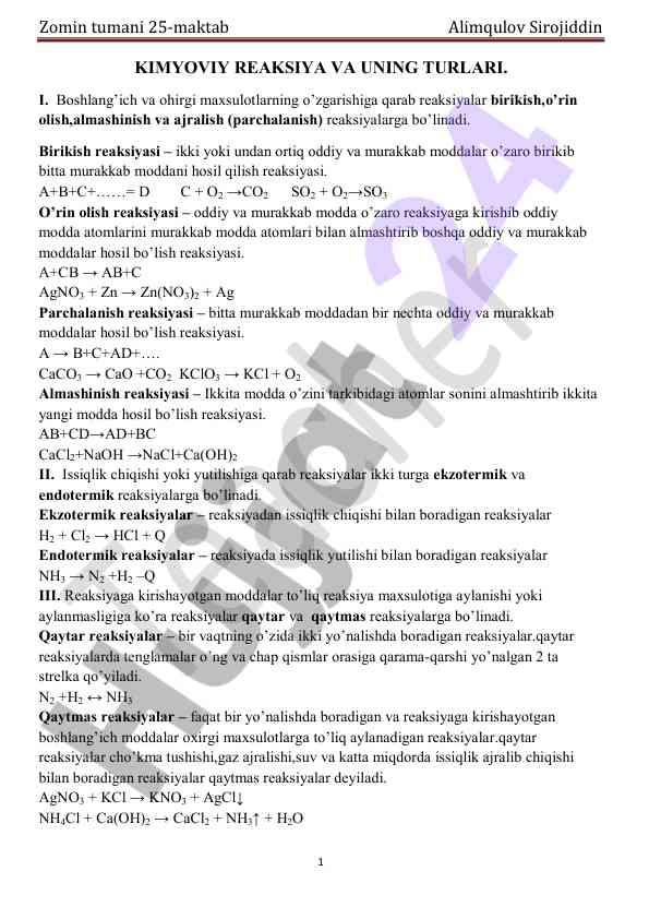 Kimyoviy reaksiya turlari va ularning ta'siri