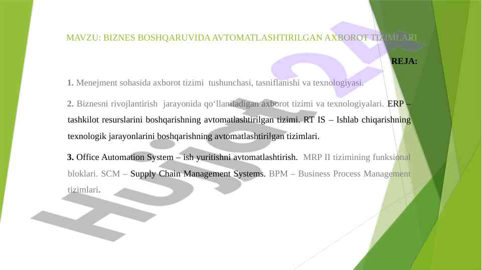Avtomatlashtirilgan axborot tizimlari va biznes boshqaruvi