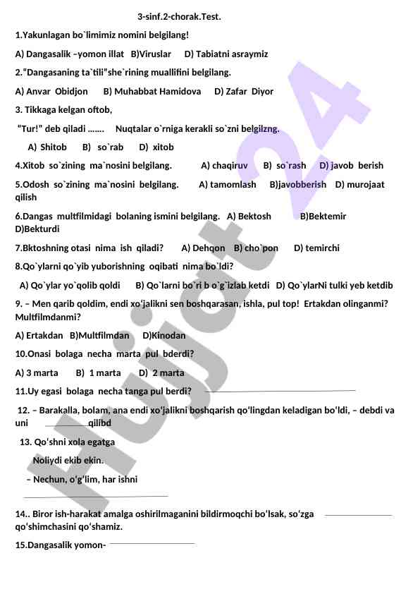 3-sinf 2-chorak test savollari
