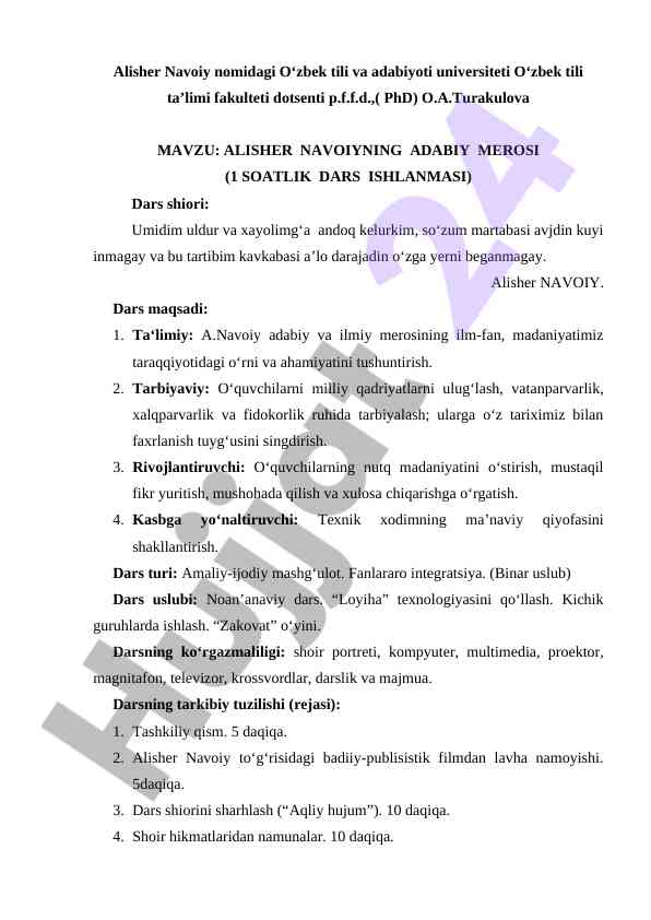 Alisher navoiy adabiy merosi dars ishlanmasi