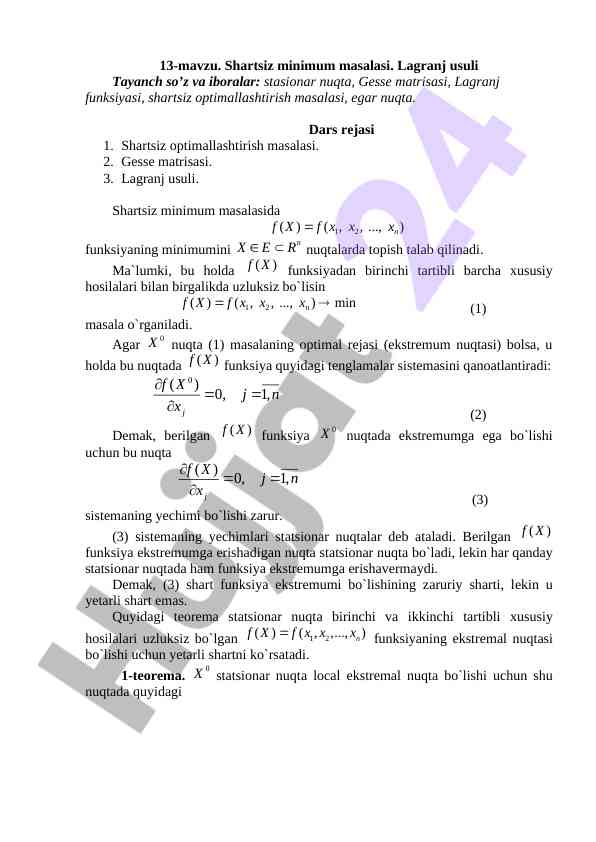 Shartsiz minimum masalasi va lagranj usuli