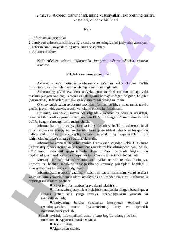 Axborot tushunchasi va uning xususiyatlari