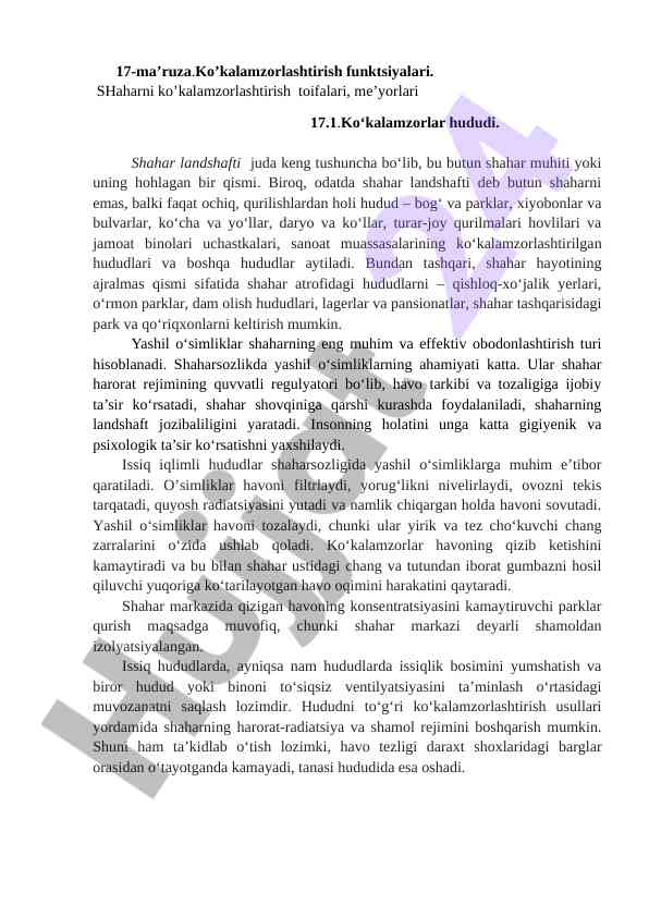 Shaharni ko’kalamzorlashtirish funktsiyalari tahlili