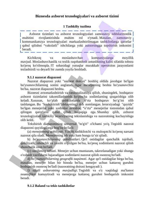 Biznesda axborot texnologiyalari tashkiliy tuzilma