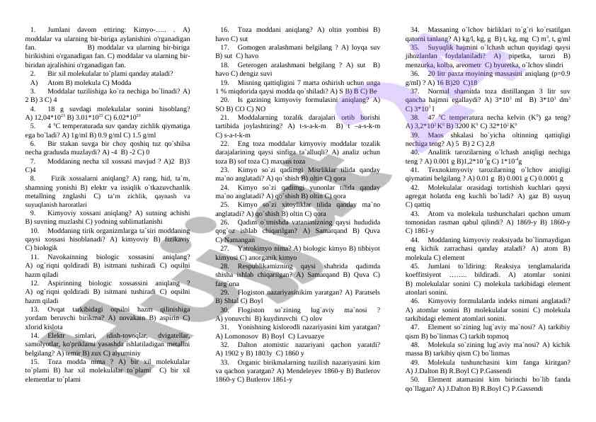 Kimyo fanidan test savollari
