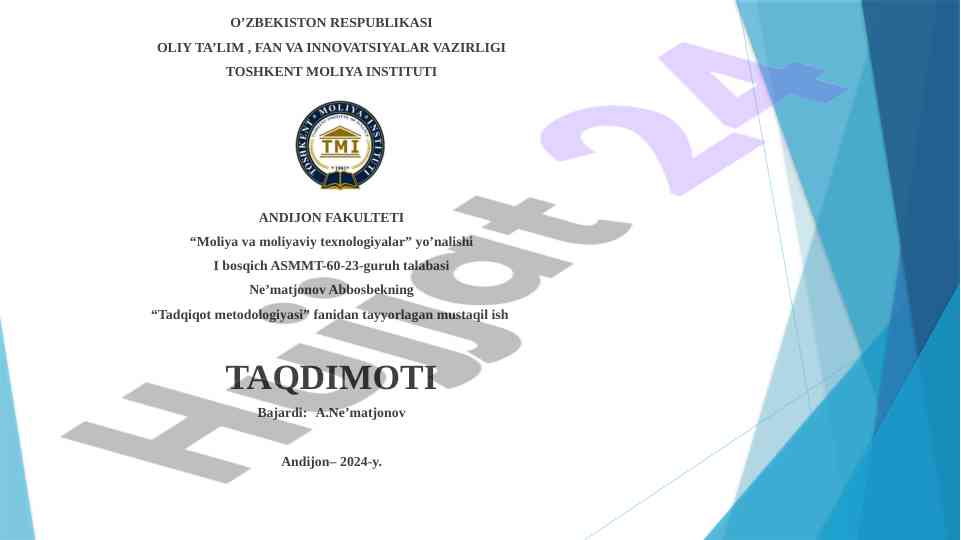 Tadqiqot metodologiyasi mustaqil ish taqdimoti