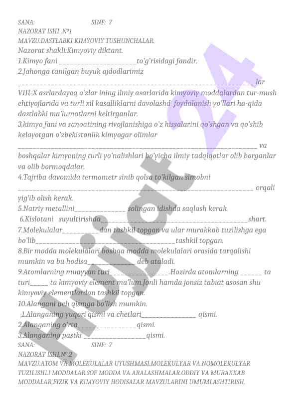 Kimyoviy tushunchalar bo'yicha nazorat ishlari