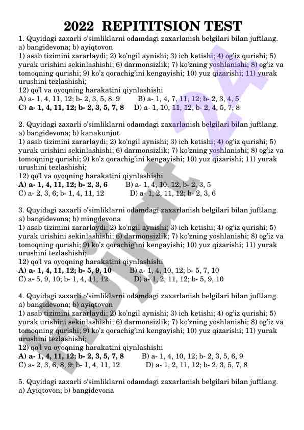 Zaharli o’simliklar testi