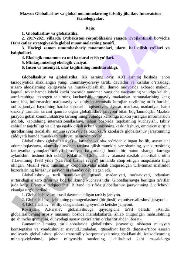 Globallashuv va global muammolar falsafasi