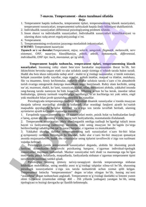Temperament haqida ilmiy bilimlar tahlili
