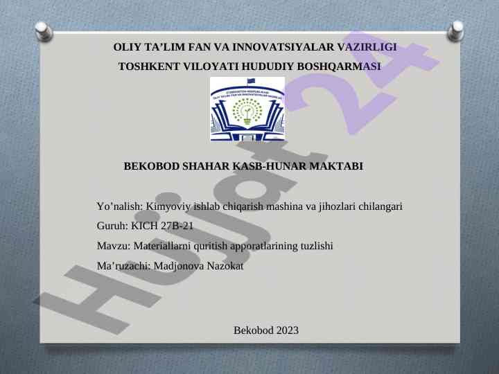 Materiallarni quritish apparotlarining tuzlishi