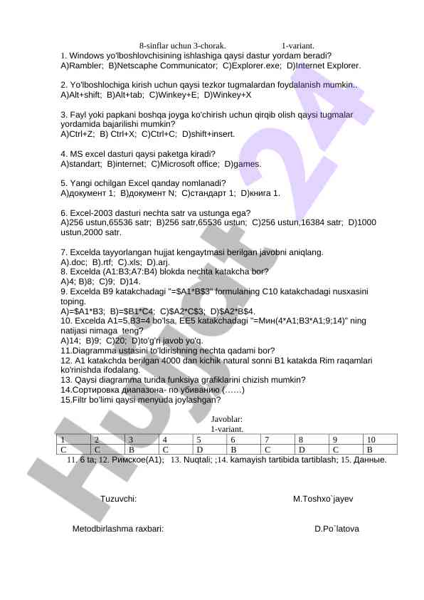 8-sinflar uchun excel testlari
