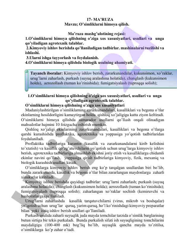 O’simliklarni himoya qilish bo’yicha ma’ruza