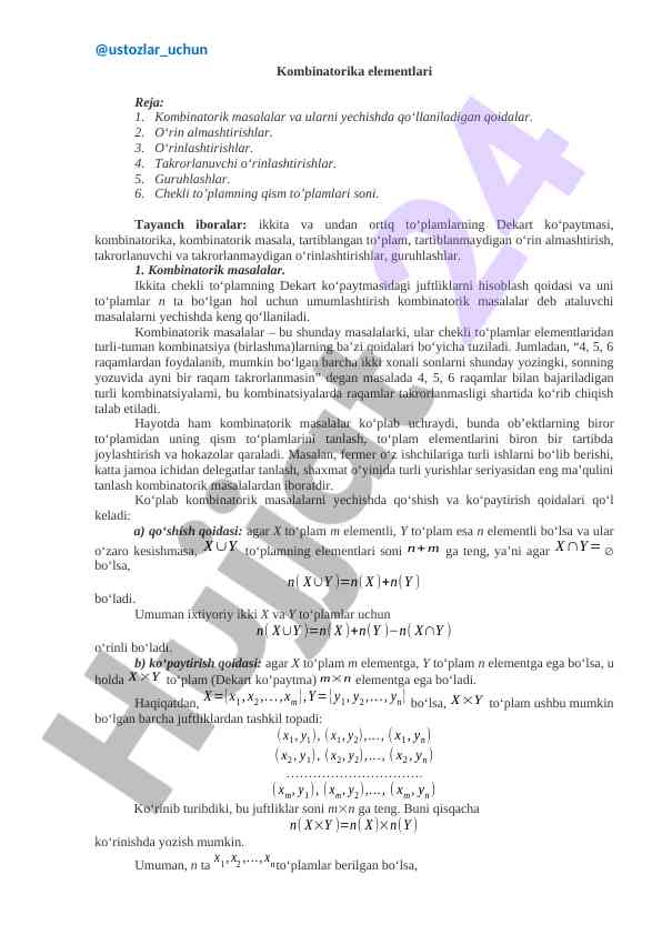 Kombinatorika elementlari va masalalarning yechimi