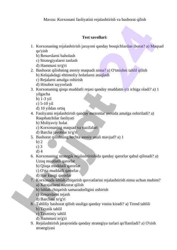 Korxonani faoliyatini rejalashtirish test savollari
