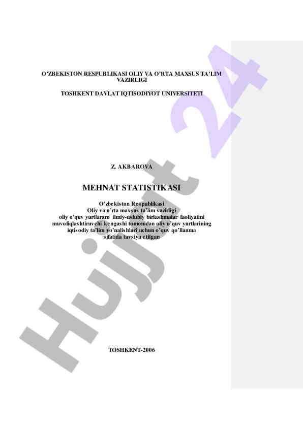 Mehnat statistikasi o‘quv qo‘llanma tashkent 2006