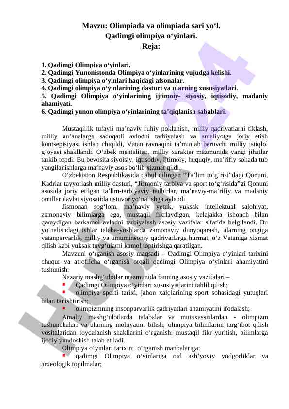 Olimpiada va olimpiada sari yo‘l haqida referat