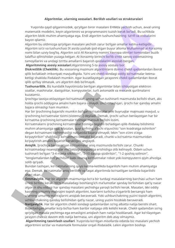 Algoritmlar va ularning xossalari