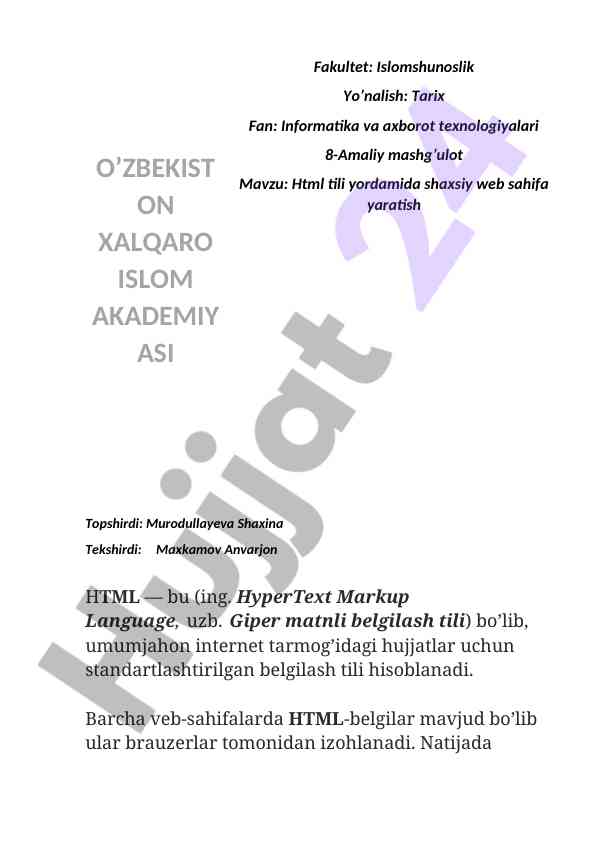 Html tili yordamida shaxsiy web sahifa yaratish