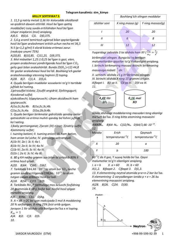 Kimyo fanidan test savollari