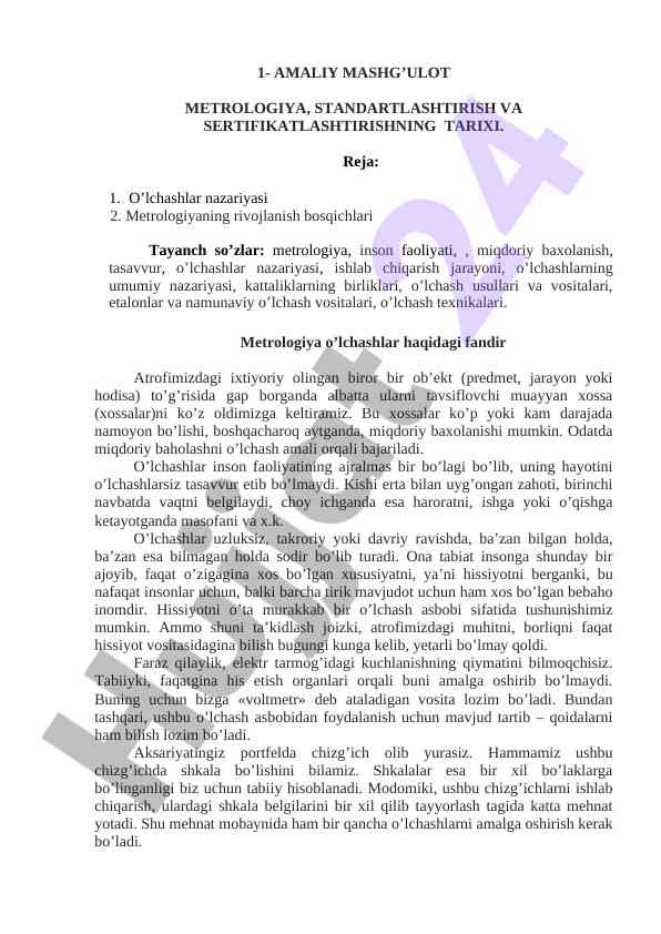 Metrologiya standartlashtirish va sertifikatlashtirish tarixi