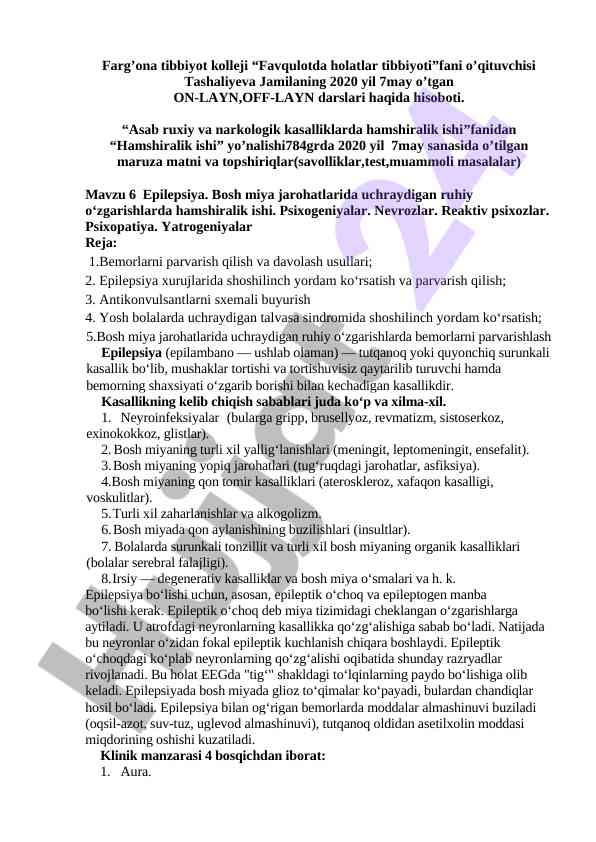 Epilepsiya bilan bosh miya jarohatlarida hamshiralik