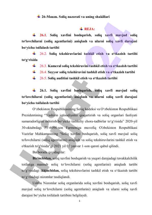 Soliq nazorati va uning shakillari tashkiloti