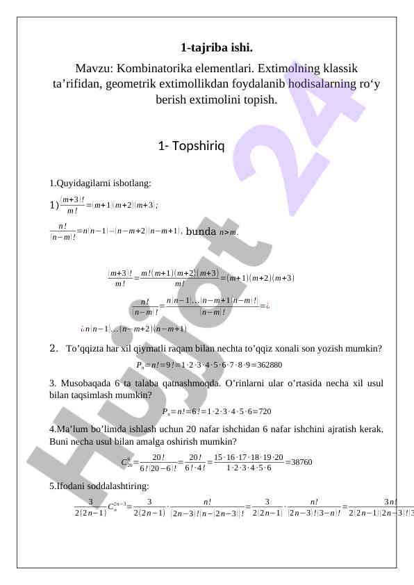 Kombinatorika elementlari bo'yicha takliflar