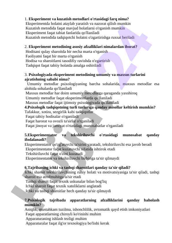 Eksperiment va kuzatish metodlari psixologiyada