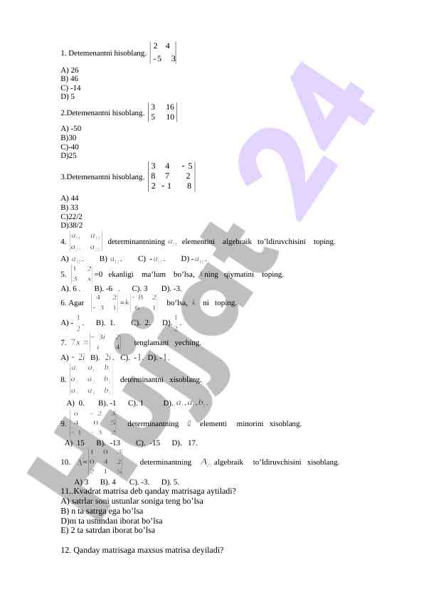 Determinant hisoblash bo'yicha test savollari