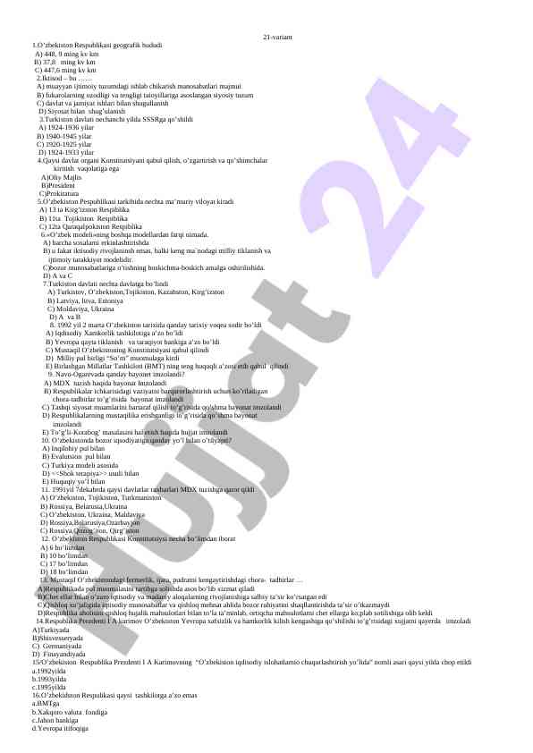 O’zbekiston respublikasi respublikasi test savollari