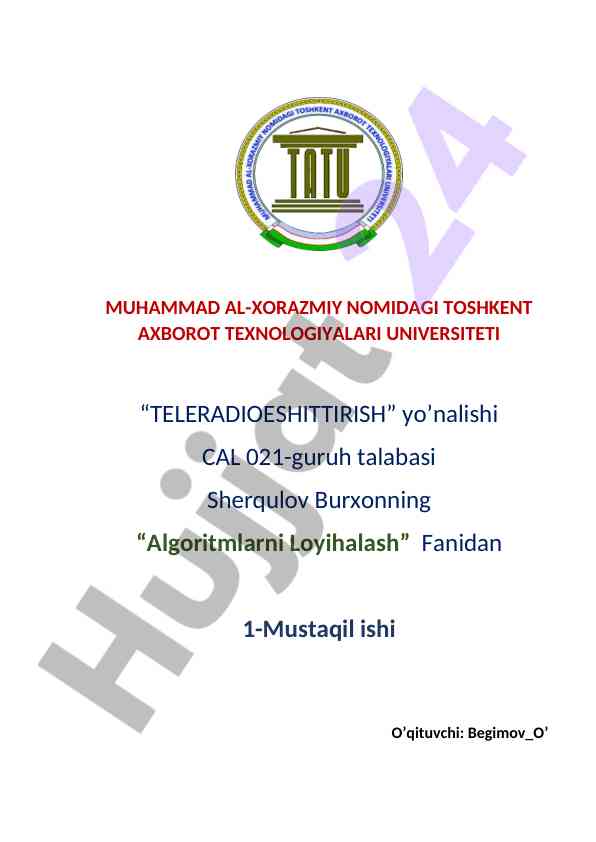 Algoritmlarni loyihalash fanidan mustaqil ish