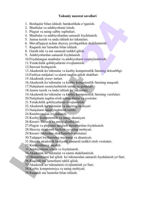 Yakuniy nazorat savollari haqida malumotlar
