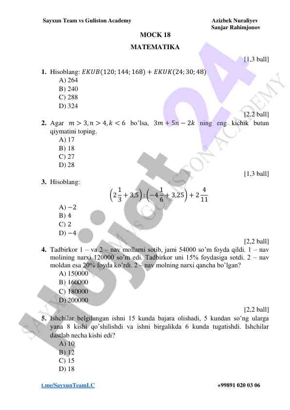 Matematika testlari uchun savollar