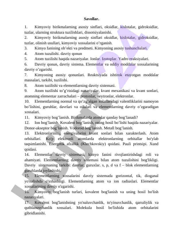Kimyoviy birikmalarning asosiy sinflari va davriy qonun