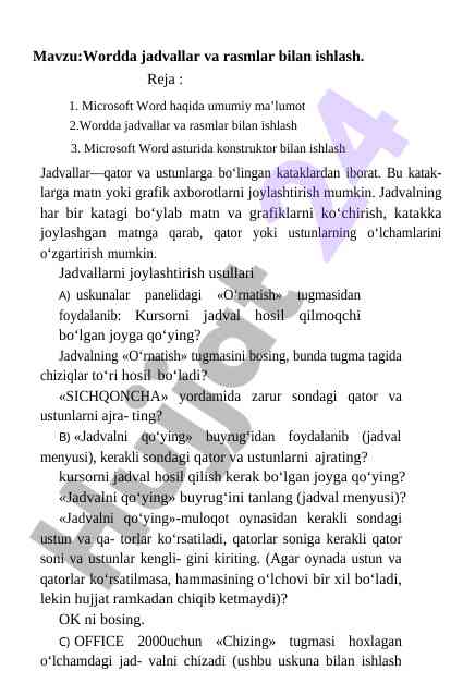 Wordda jadvallar va rasmlar bilan ishlash