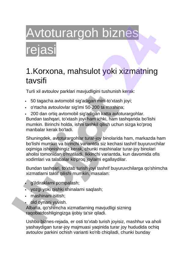Avtoturargoh biznes rejasi tushunchalari