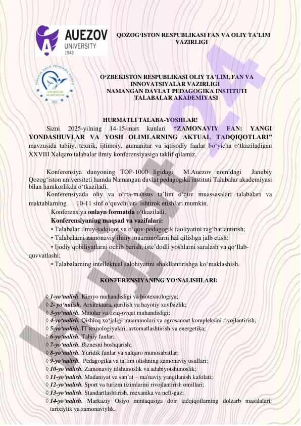 Zamonaviy fan yangiyondashuvlar va yosh olimlar tadqiqotlari