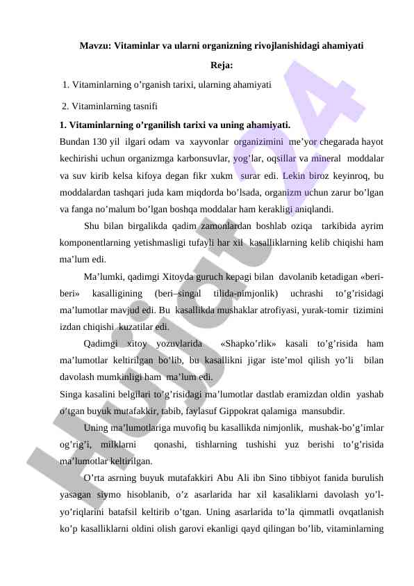 Vitaminlar va ularni organizning rivojlanishidagi ahamiyati