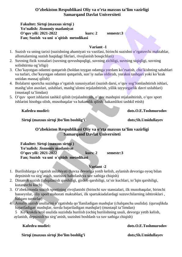 Suzish va uni o' qitish metodikasi kurs ishlari