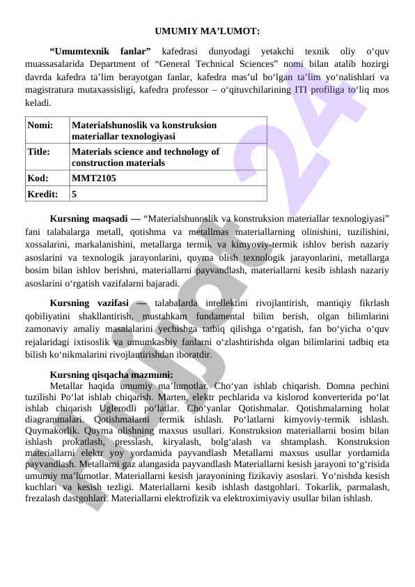 Materialshunoslik va konstruksion materiallar texnologiyasi