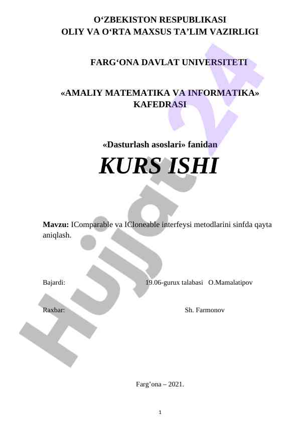 Icomparable va icloneable interfeysi metodlarini sinfda qayta aniqlash