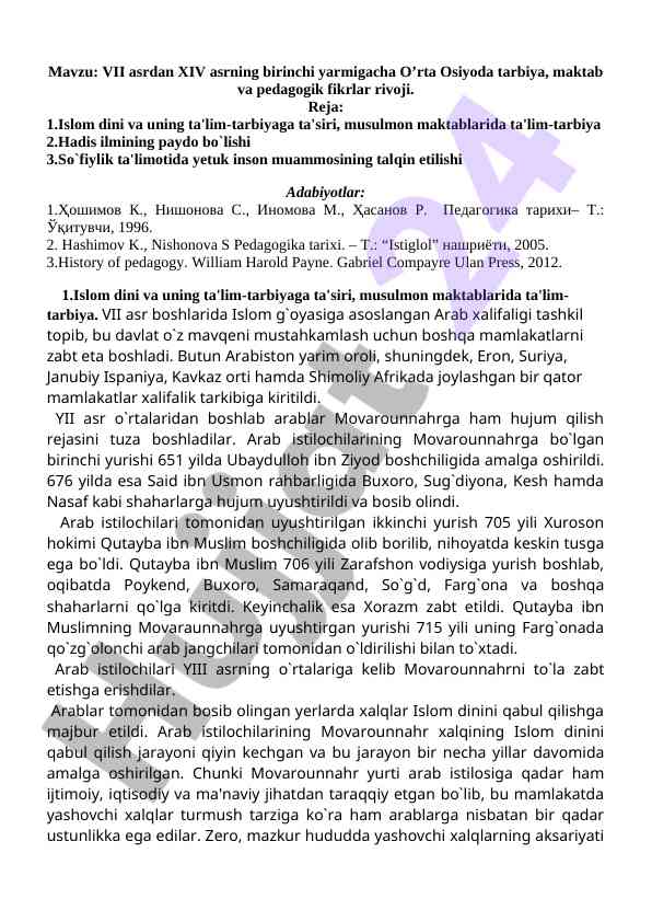 Vii asrdan xiv asrgacha o’rta osiyoda tarbiya
