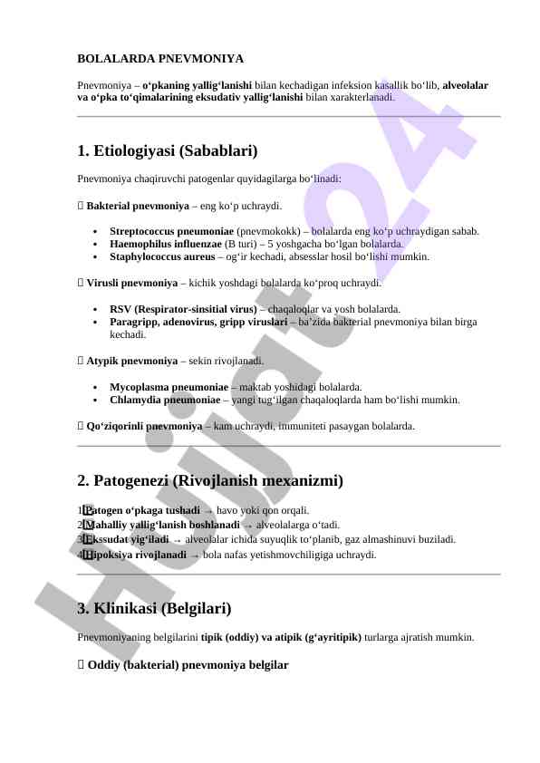 Bolalarda pnevmoniya turlari va etiologiyasi