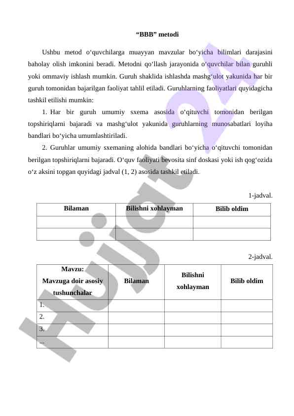Bbb metodi bilan o‘quvchilarning bilimdarajasini baholash