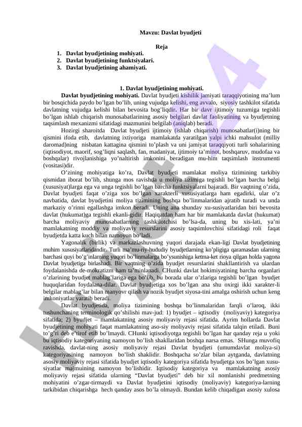 Davlat byudjeti va uning ahamiyati haqida ma'lumotlar